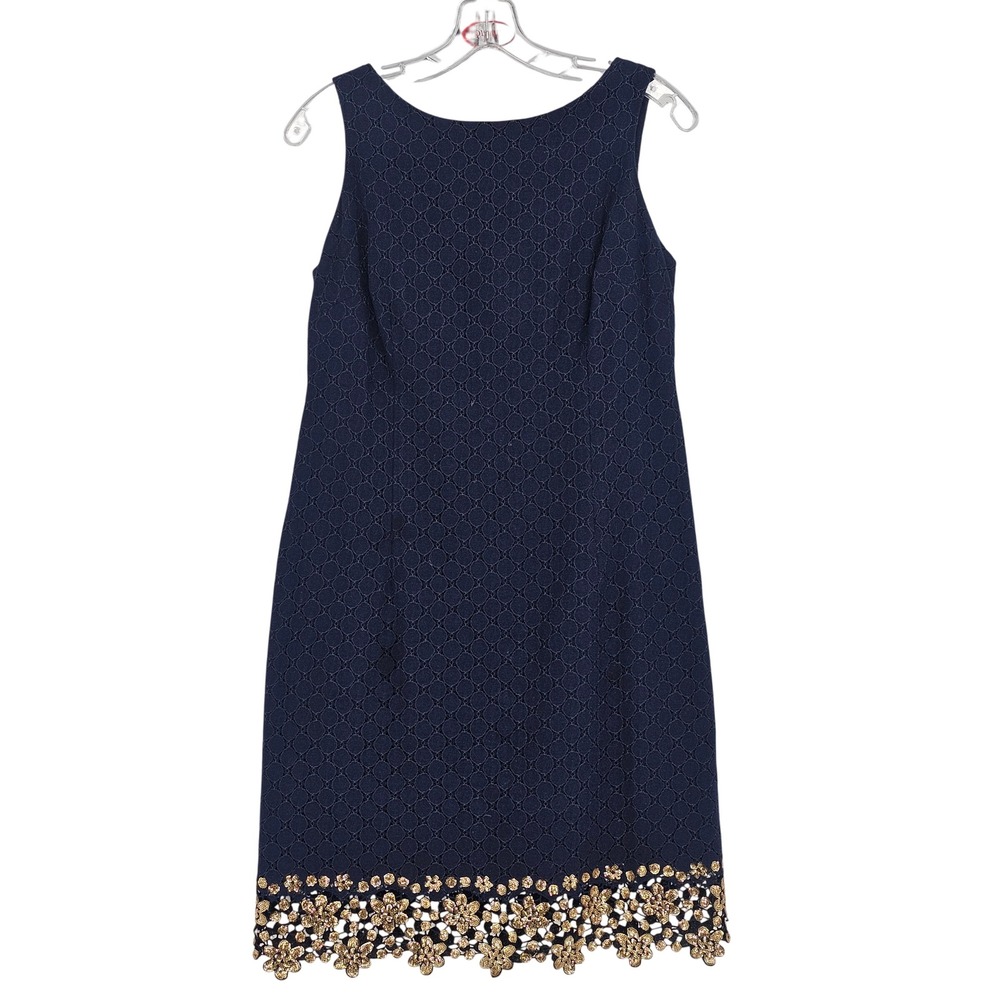Lilly Pulitzer Dawson Lace Shift Dress 8 Navy Sequin Hem Lined Boatneck Nautical